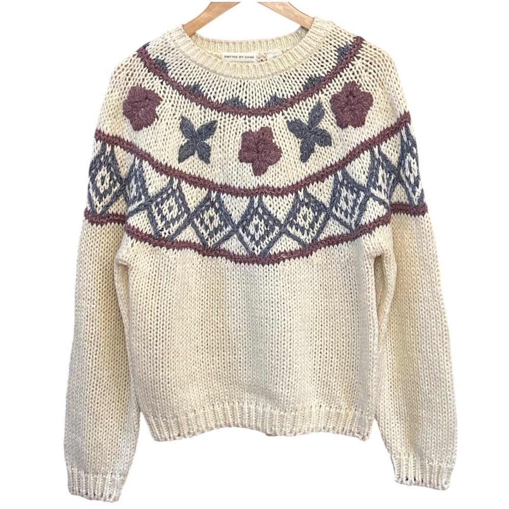 Vintage Hand Knit Floral Yoke Sweater Cottagecore Cozy 90s Pullover Medium Folk